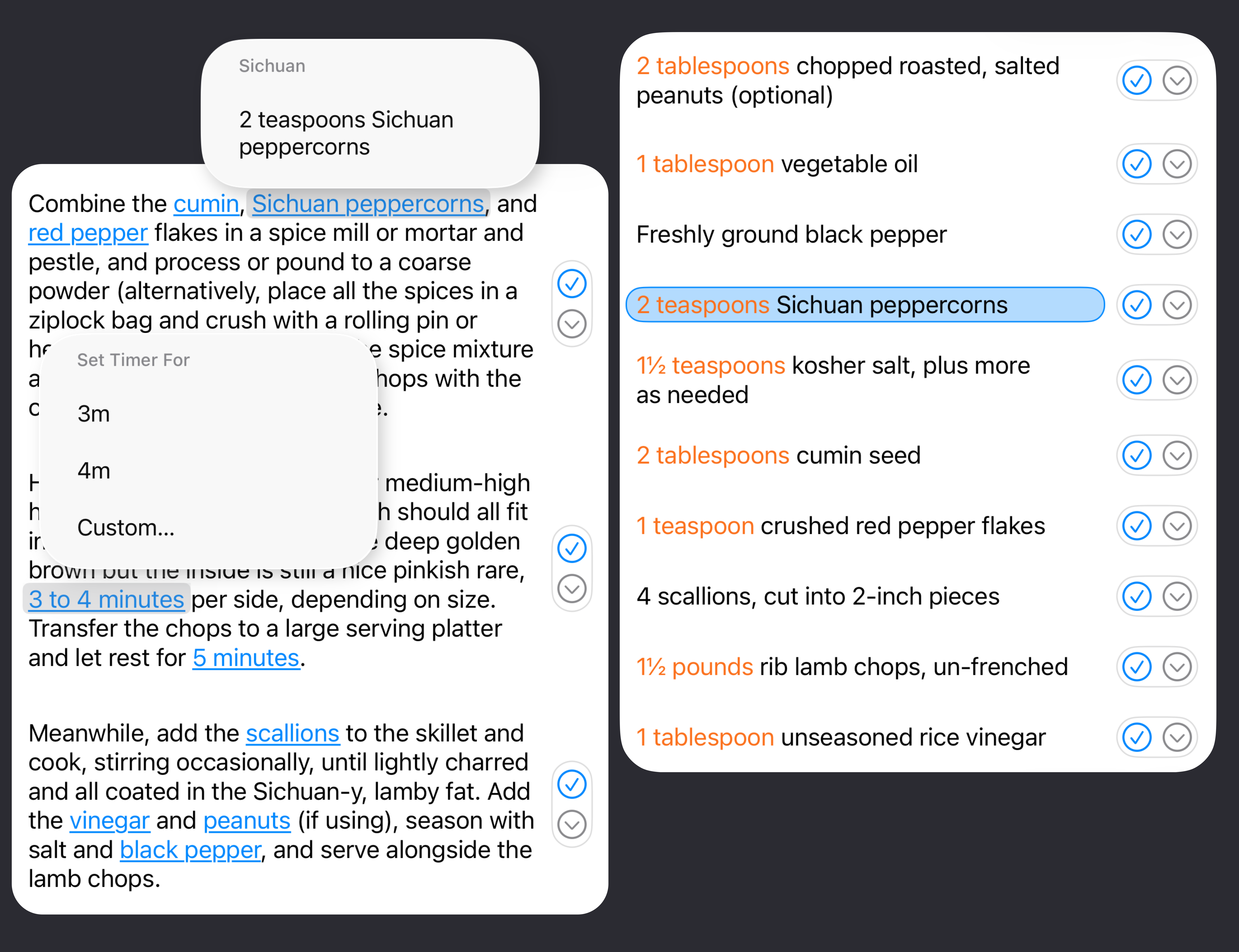 Cookery displaying an ingredient amount from inside a recipe instruction