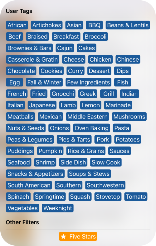 Image showing the tag filtering options for Cookery
