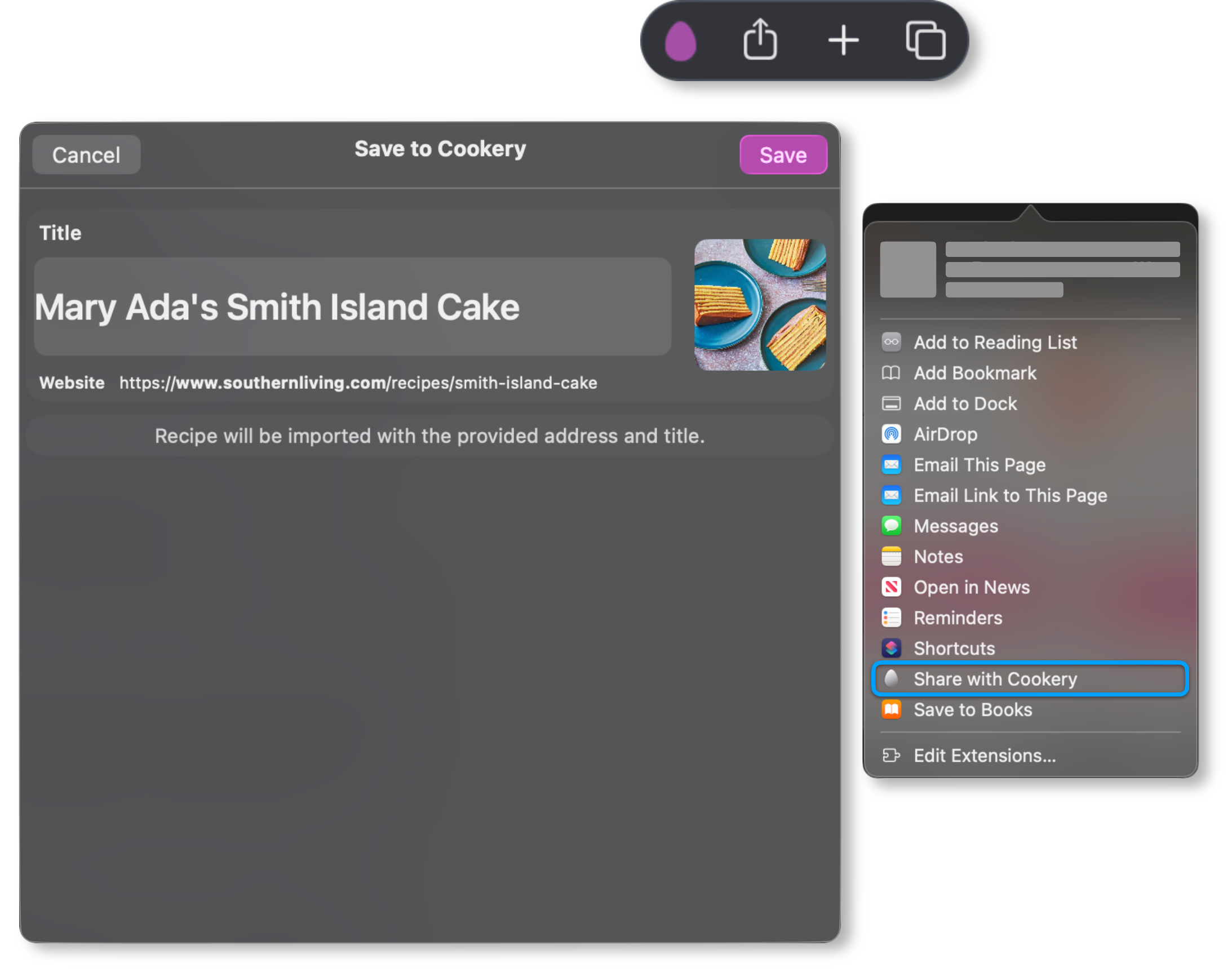 A browser recipe being shared directly into Cookery for Mac