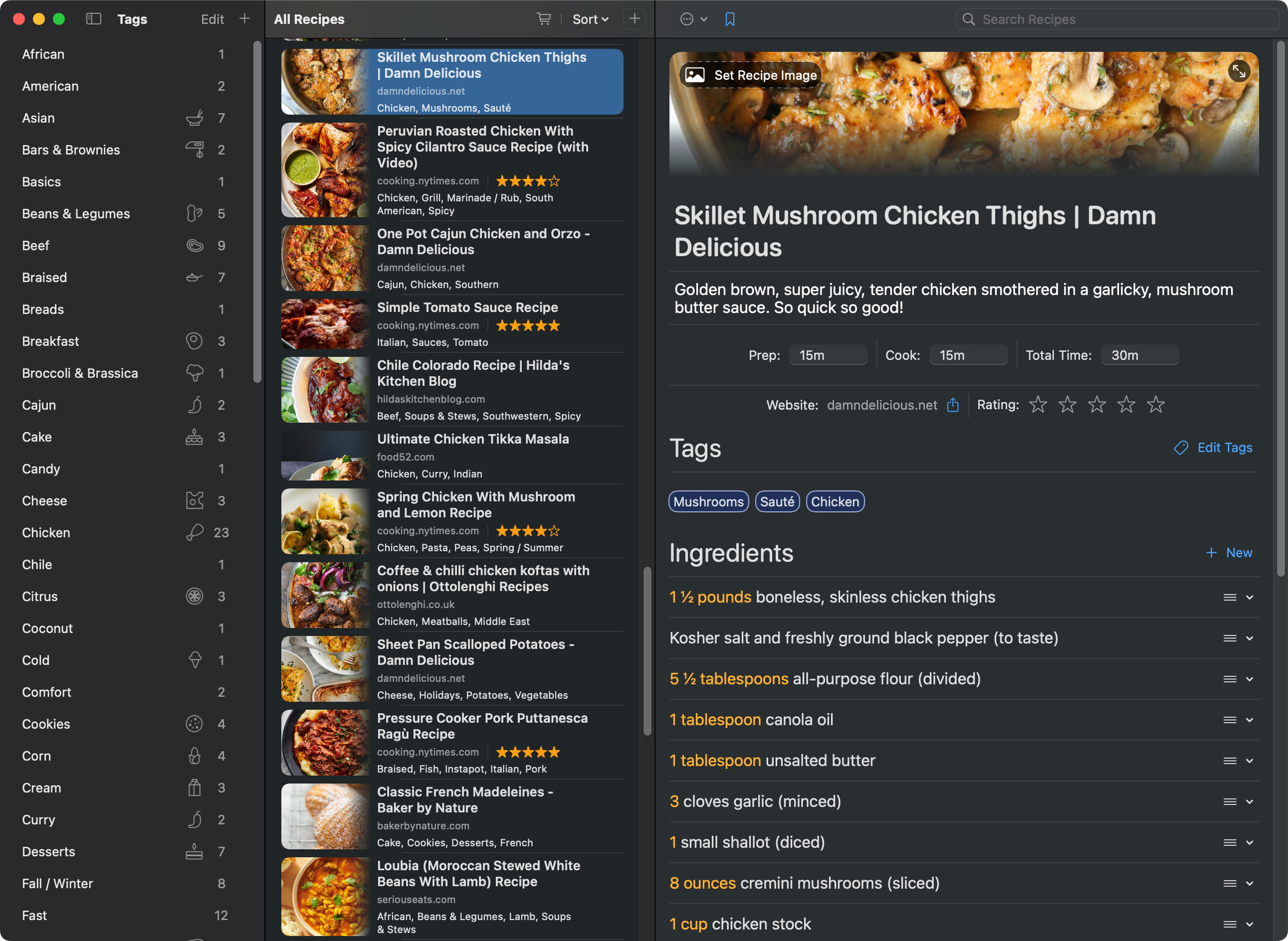 Cookery's three-column Mac interface with tags, recipes, and a complete recipe